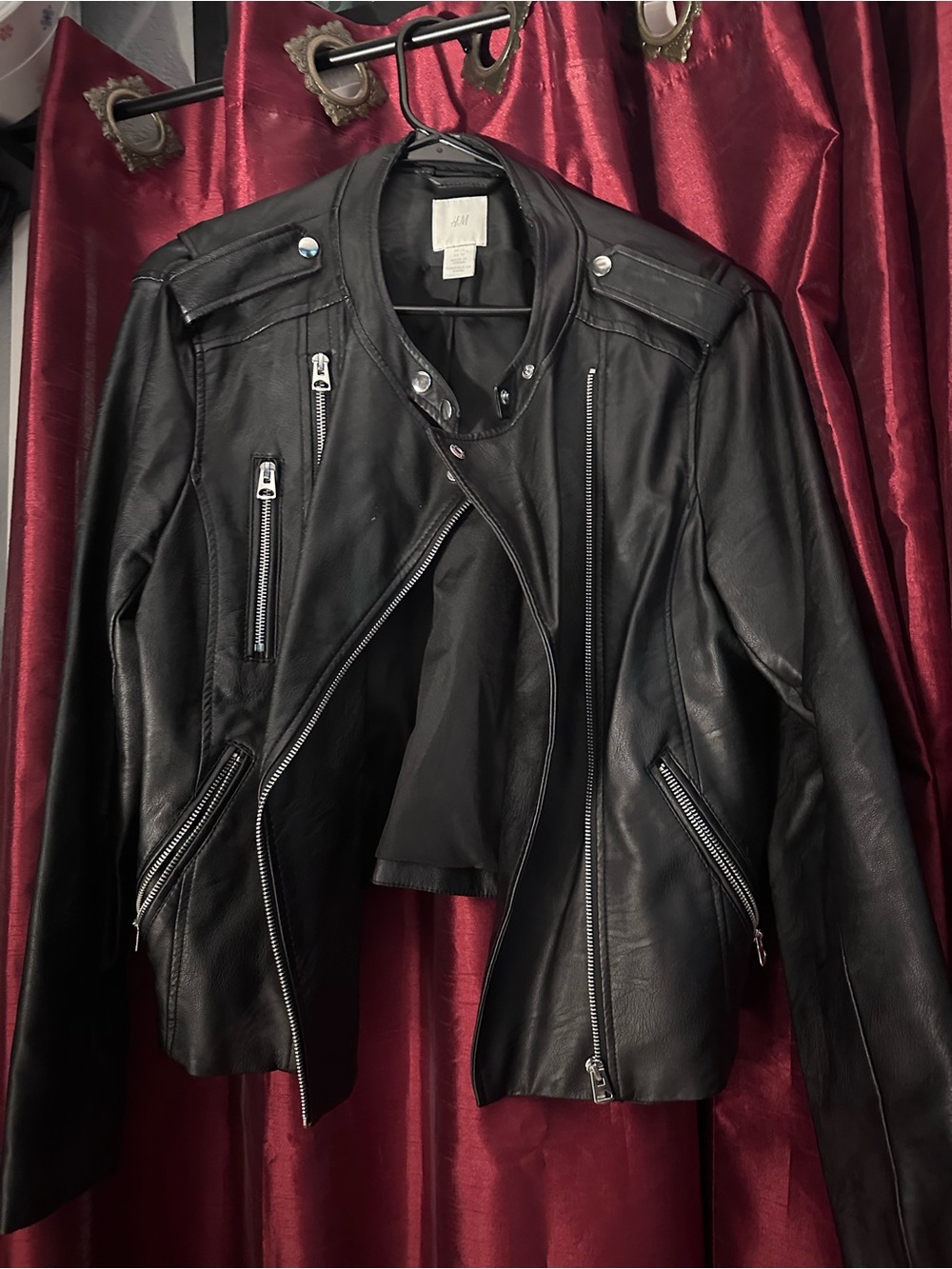 H&M Black Faux Leather Moto Jacket with Silver Zippers